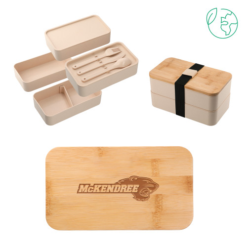  Stackable Bamboo Fiber Beige Bento Box - Primary Mark Engraved