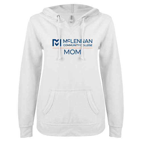  Community ENZA Womens White V Notch Raw Edge Fleece Hoodie - McLennan Mom