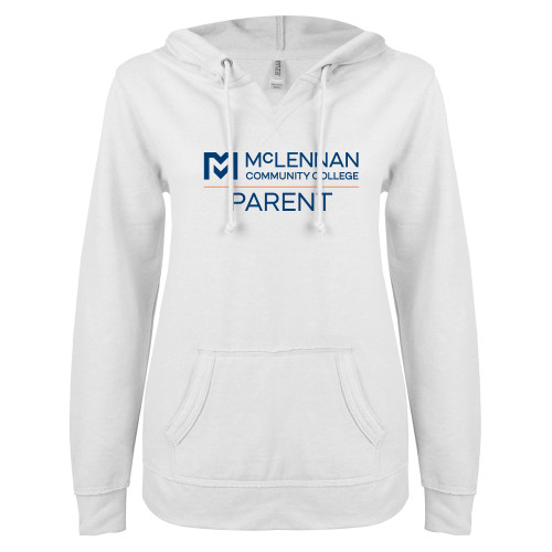  Community ENZA Womens White V Notch Raw Edge Fleece Hoodie - McLennan Parent