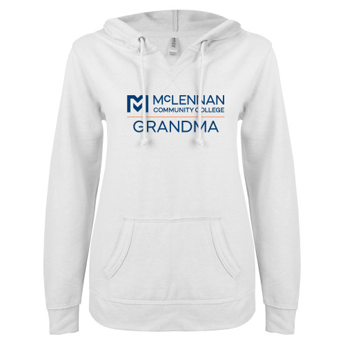  Community ENZA Womens White V Notch Raw Edge Fleece Hoodie - McLennan Grandma
