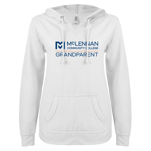  Community ENZA Womens White V Notch Raw Edge Fleece Hoodie - McLennan Grandparent