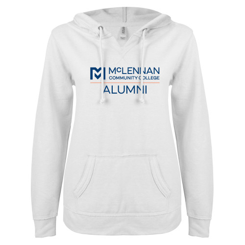  Community ENZA Womens White V Notch Raw Edge Fleece Hoodie - McLennan Alumni