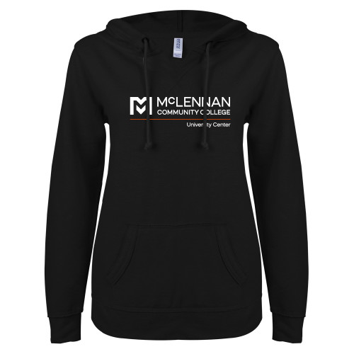  Community ENZA Womens Black V Notch Raw Edge Fleece Hoodie - McLennan University Center