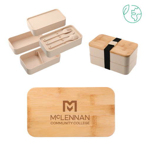  Stackable Bamboo Fiber Beige Bento Box - McLennan Community College Primary Mark  Stacked Engraved