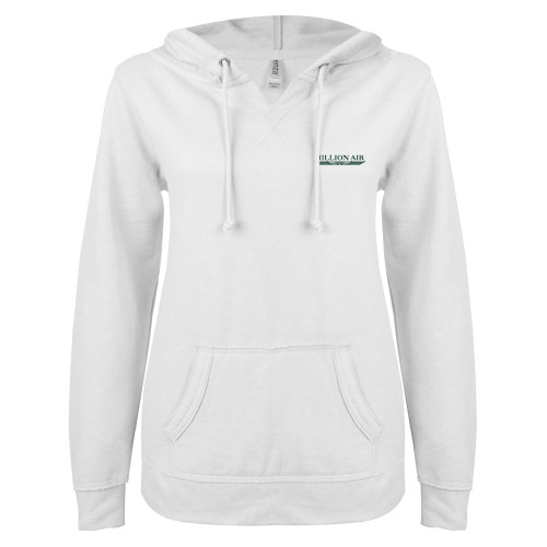  ENZA Womens White V Notch Raw Edge Fleece Hoodie - Million Air Trademark
