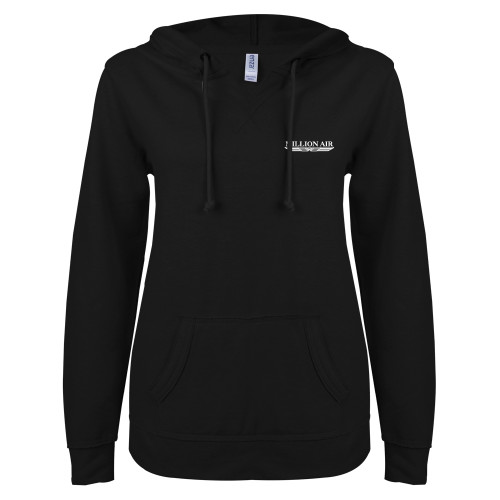  ENZA Womens Black V Notch Raw Edge Fleece Hoodie - Million Air Trademark
