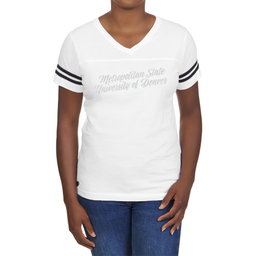  Fall Rush Ladies White 60/40 Football Tee - C White Soft Glitter