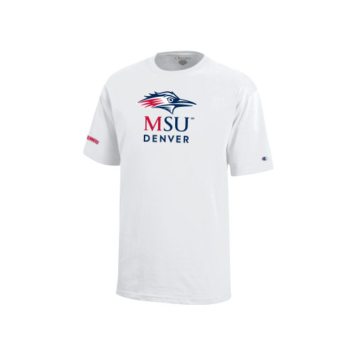  Champion Youth White Short Sleeve Tee - MSU Denver Stacked