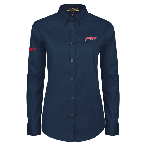  Womens Navy Twill Button Down Long Sleeve  - Roadrunners With Roadrunner Head