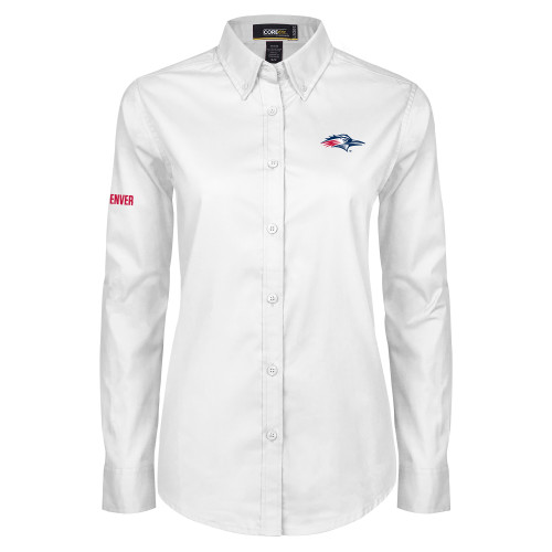  Womens White Twill Button Down Long Sleeve - Roadrunner Head