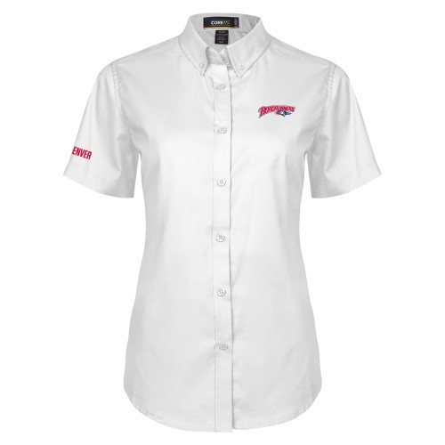  Womens White Twill Button Up Short Sleeve - Roadrunners With Roadrunner Head