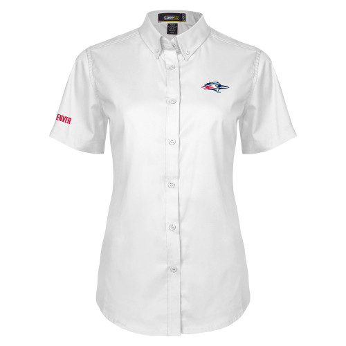  Womens White Twill Button Up Short Sleeve - Roadrunner Head