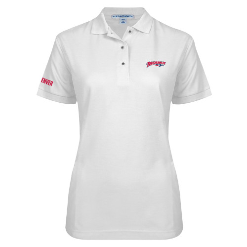  Womens Silk Touch White Pique Polo - Roadrunners With Roadrunner Head