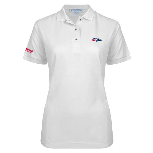  Womens Silk Touch White Pique Polo - Roadrunner Head