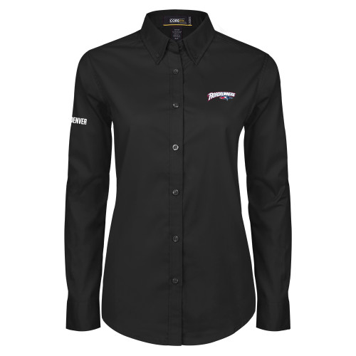 Womens Black Twill Button Down Long Sleeve  - Roadrunners With Roadrunner Head