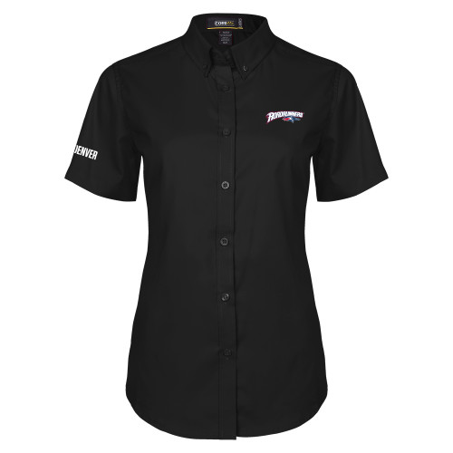  Womens Black Twill Button Up Short Sleeve - Roadrunners With Roadrunner Head