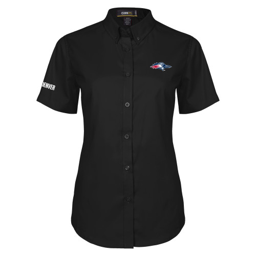  Womens Black Twill Button Up Short Sleeve - Roadrunner Head