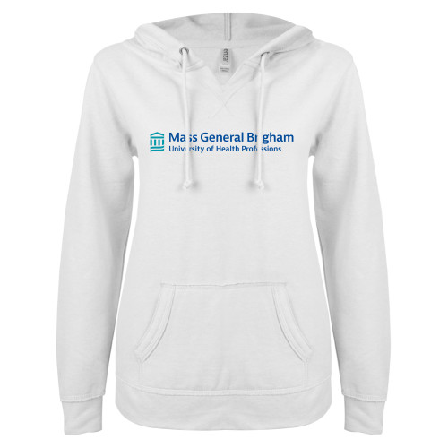  ENZA Womens White V Notch Raw Edge Fleece Hoodie - Mass General Brigham University of Health Professions