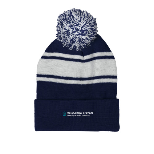  Navy/White Two Tone Knit Pom Beanie w/Cuff - Mass General Brigham University of Health Professions