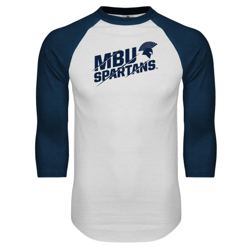  White/Navy Raglan Baseball T Shirt - MBU Spartans Slashes