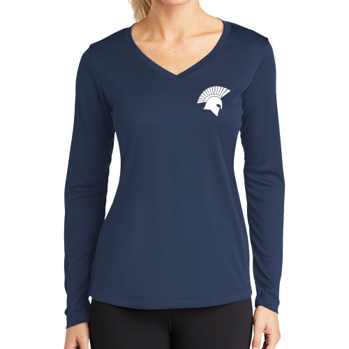  Womens Navy Performance Long Sleeve V Neck Shirt - Spartan Icon