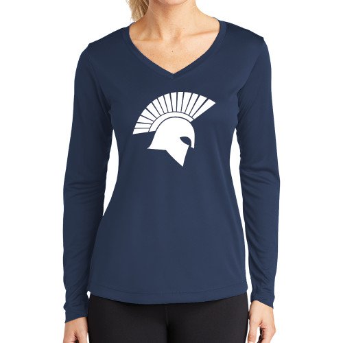  Womens Navy Performance Long Sleeve V Neck Shirt - Spartan Icon