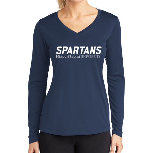  Womens Navy Performance Long Sleeve V Neck Shirt - Wordmark