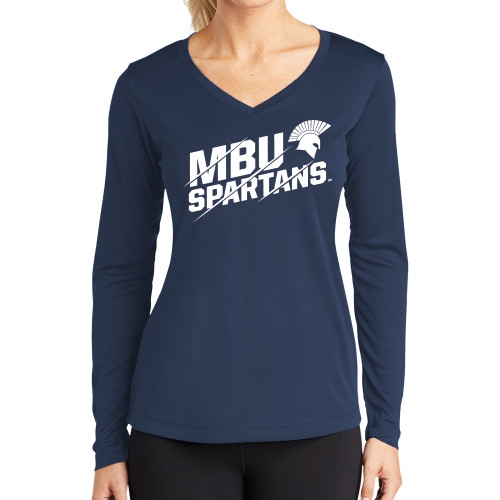  Womens Navy Performance Long Sleeve V Neck Shirt - MBU Spartans Slashes