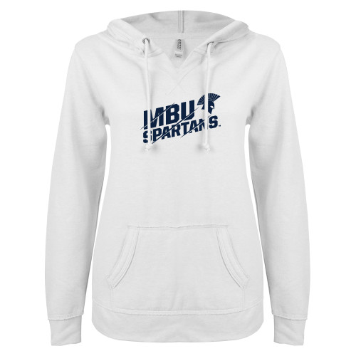  ENZA Womens White V Notch Raw Edge Fleece Hoodie - MBU Spartans Slashes
