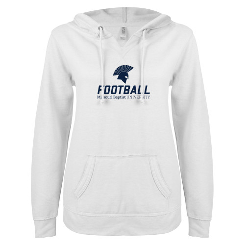  ENZA Womens White V Notch Raw Edge Fleece Hoodie - Football
