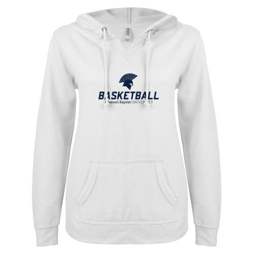  ENZA Womens White V Notch Raw Edge Fleece Hoodie - Basketball