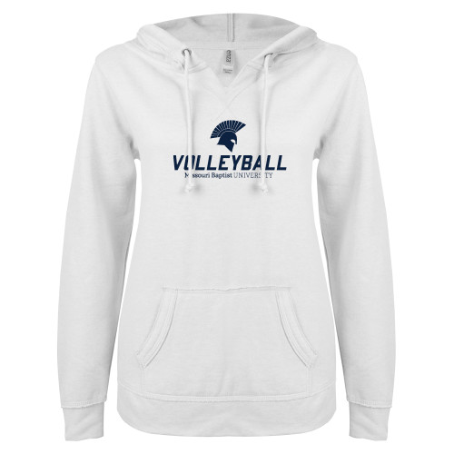  ENZA Womens White V Notch Raw Edge Fleece Hoodie - Volleyball