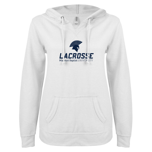  ENZA Womens White V Notch Raw Edge Fleece Hoodie - Lacrosse