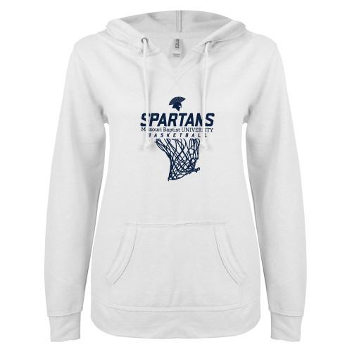  ENZA Womens White V Notch Raw Edge Fleece Hoodie - Basketball Net