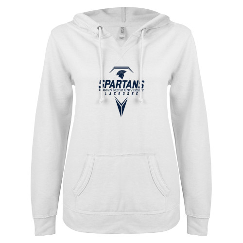  ENZA Womens White V Notch Raw Edge Fleece Hoodie - Geometric Lacrosse Stick