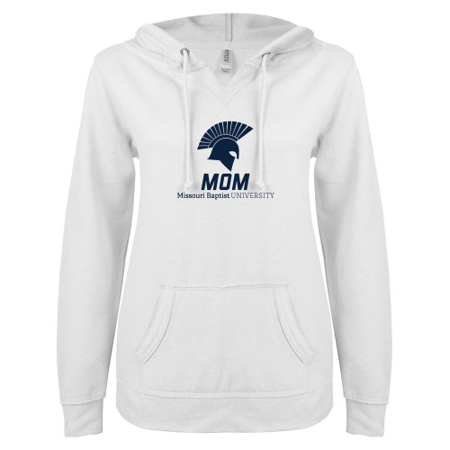  ENZA Womens White V Notch Raw Edge Fleece Hoodie - Mom