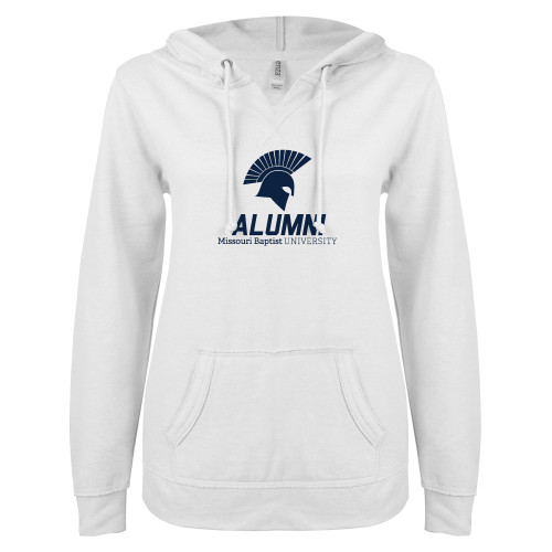  ENZA Womens White V Notch Raw Edge Fleece Hoodie - Alumni