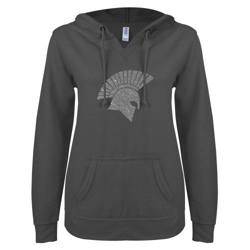  ENZA Womens Dark Heather V Notch Raw Edge Fleece Hoodie - Spartan Icon Glitter Silver Soft Glitter