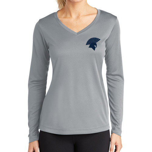  Womens Grey Performance Long Sleeve V Neck Shirt - Spartan Icon