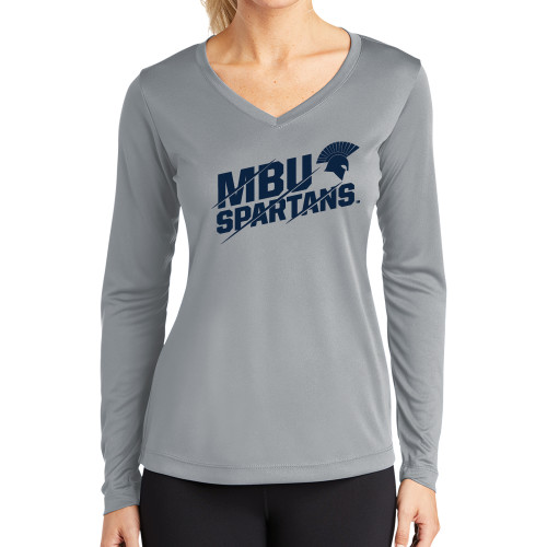  Womens Grey Performance Long Sleeve V Neck Shirt - MBU Spartans Slashes