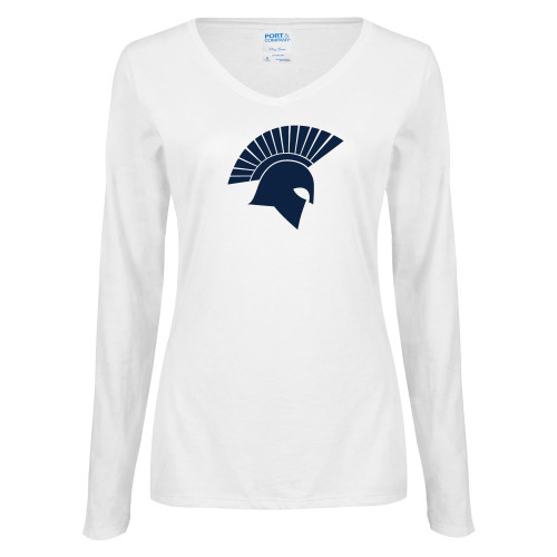  Womens White Long Sleeve V Neck Tee - Spartan Icon