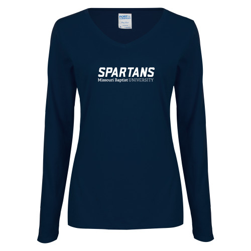  Womens Navy Long Sleeve V Neck Tee - Wordmark