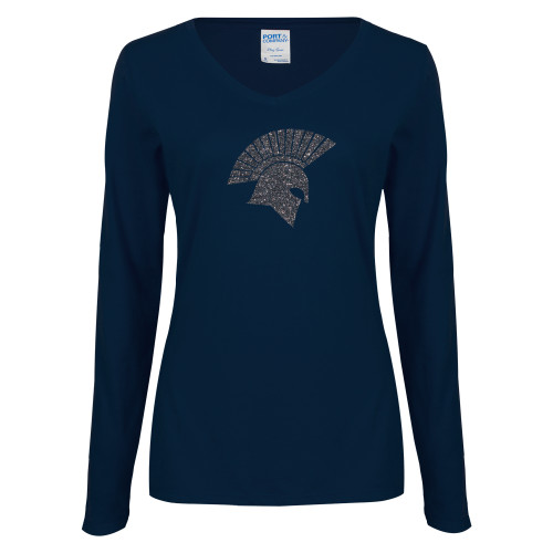  Womens Navy Long Sleeve V Neck Tee - Spartan Icon Glitter Graphite Soft Glitter