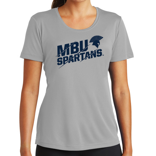  Womens Grey Performance Short Sleeve Tee - MBU Spartans Slashes