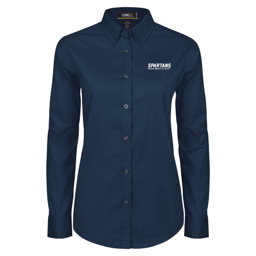  Womens Navy Twill Button Down Long Sleeve  - Wordmark