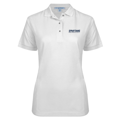  Womens Silk Touch White Pique Polo - Wordmark