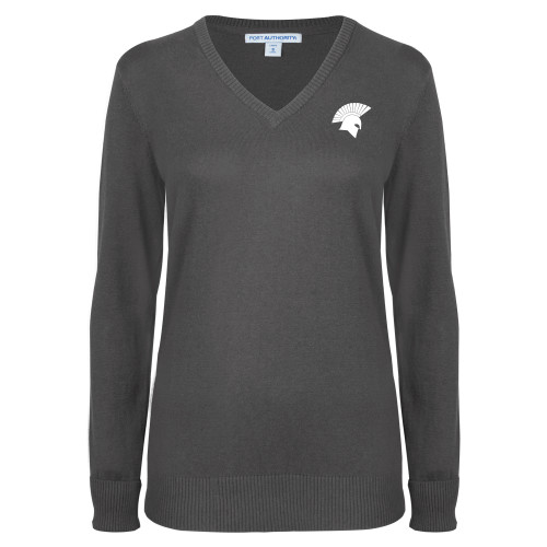  Womens Charcoal Heather VNeck Sweater - Spartan Icon