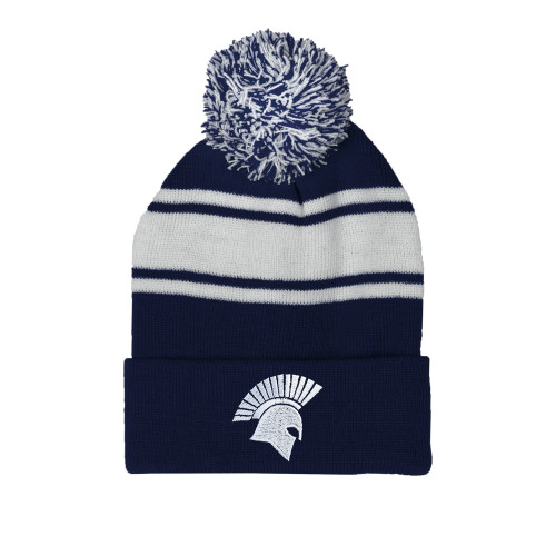  Navy/White Two Tone Knit Pom Beanie w/Cuff - Spartan Icon