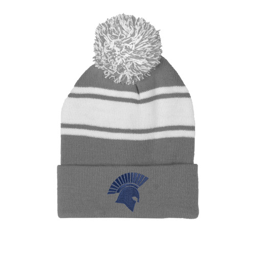  Grey/White Two Tone Knit Pom Beanie w/Cuff - Spartan Icon