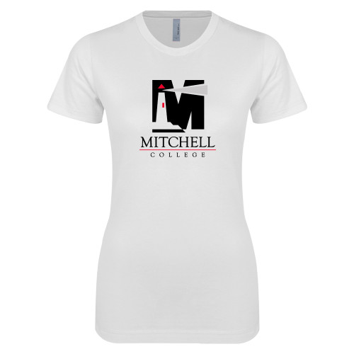 Next Level Womens White Boyfriend Tee - Mitchell College Vertical Logo